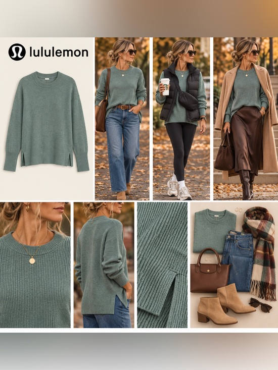 lululemon athletica Sweaters - Lululemon Merino Wool-Blend Ribbed Crewneck Sweater 14 Heathered Tidewater